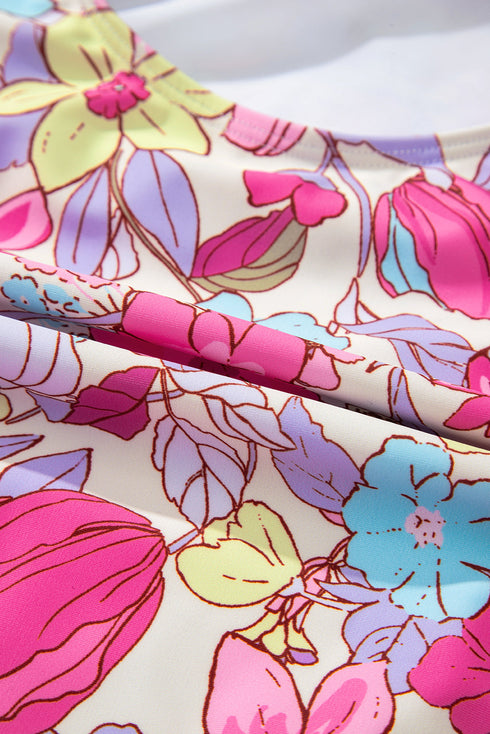 Floral Ruffle Trim V Neck Lace-up Back Tummy Control One Piece Swimsuit