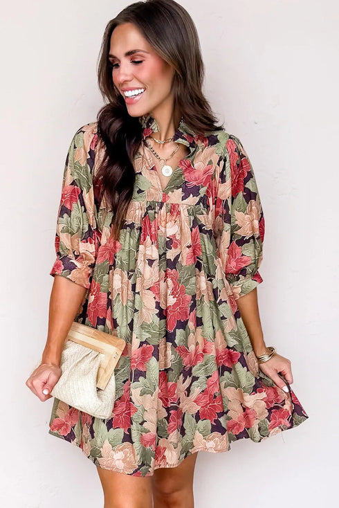 Floral Ruffled Collar Split V Neck Puff Sleeve Babydoll Mini Dress