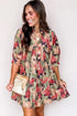 Floral Ruffled Collar Split V Neck Puff Sleeve Babydoll Mini Dress
