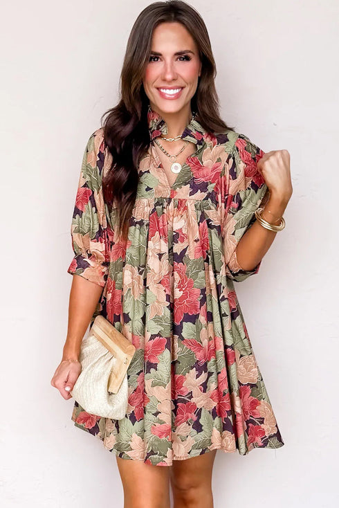 Floral Ruffled Collar Split V Neck Puff Sleeve Babydoll Mini Dress