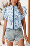Floral Ruffled Flutter Sleeve Tie Neck Woven Blouse