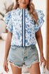 Floral Ruffled Flutter Sleeve Tie Neck Woven Blouse