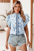 Floral Ruffled Flutter Sleeve Tie Neck Woven Blouse