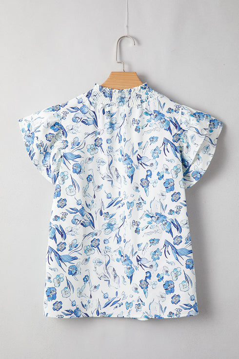 Floral Ruffled Flutter Sleeve Tie Neck Woven Blouse