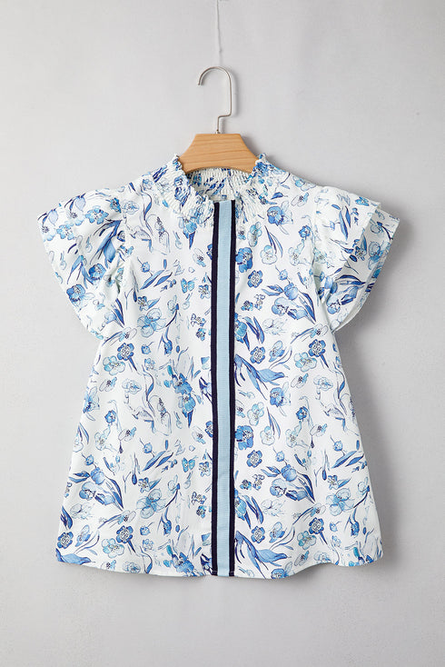 Floral Ruffled Flutter Sleeve Tie Neck Woven Blouse