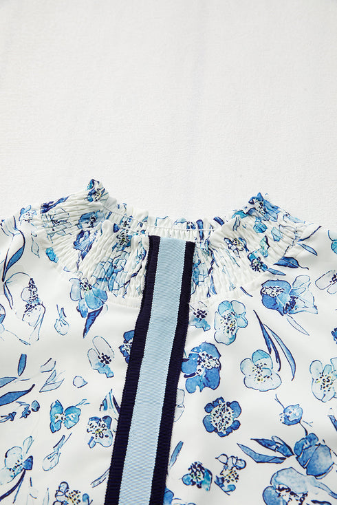 Floral Ruffled Flutter Sleeve Tie Neck Woven Blouse