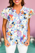 Floral Ruffled Flutter Sleeve Tied V Neck Blouse