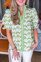 Floral Scallop Print Contrast Trim Split Neck Ruffle Collar Puff Sleeve Blouse