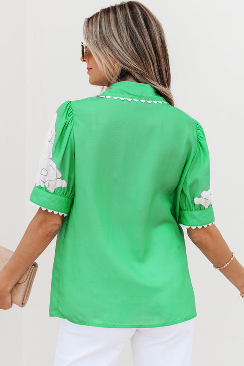 Floral Scalloped Trim Short Sleeve Button Down Shirt