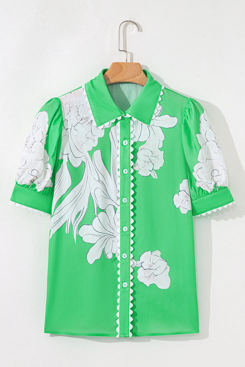 Floral Scalloped Trim Short Sleeve Button Down Shirt