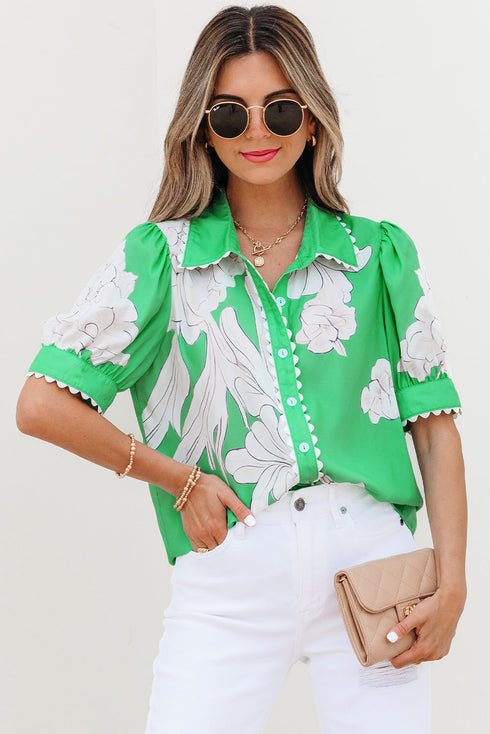 Floral Scalloped Trim Short Sleeve Button Down Shirt