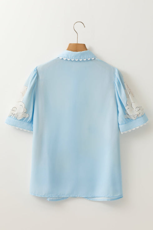 Floral Scalloped Trim Short Sleeve Button Down Shirt
