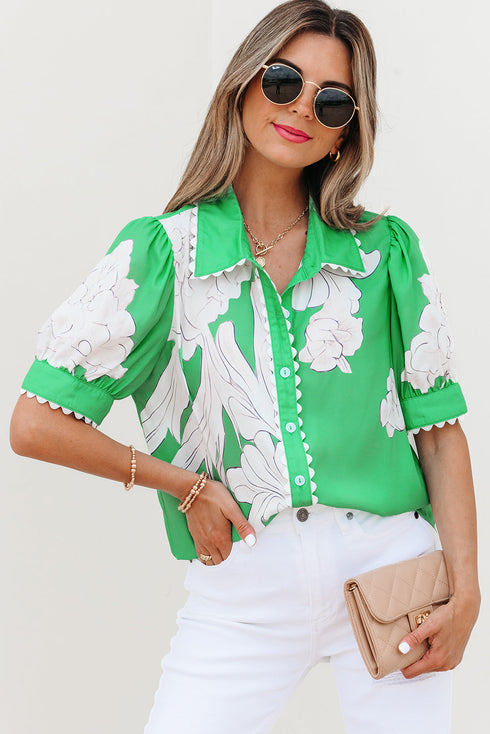 Floral Scalloped Trim Short Sleeve Button Down Shirt