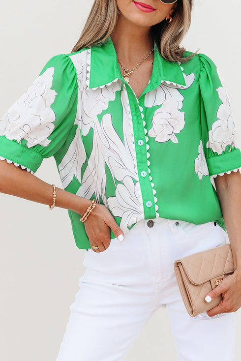 Floral Scalloped Trim Short Sleeve Button Down Shirt