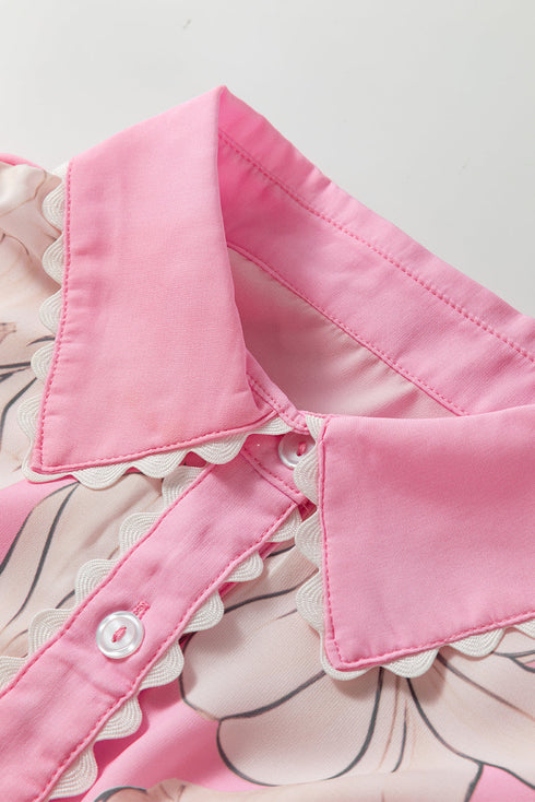 Floral Scalloped Trim Short Sleeve Button Down Shirt