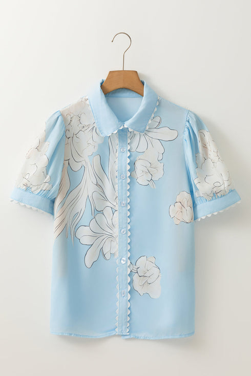 Floral Scalloped Trim Short Sleeve Button Down Shirt