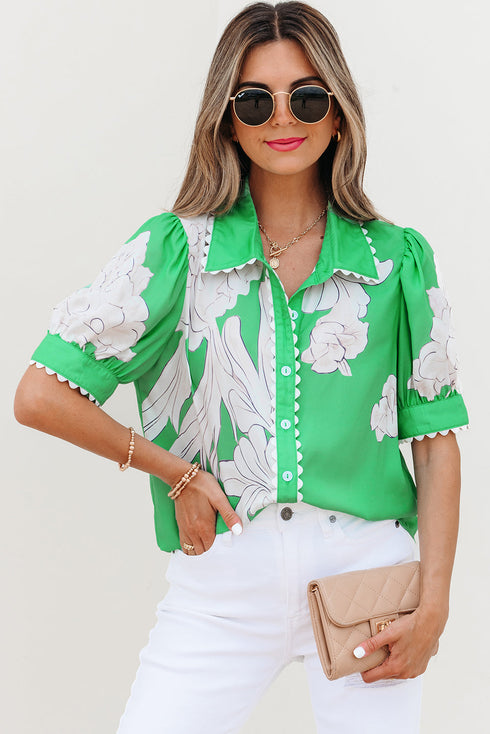 Floral Scalloped Trim Short Sleeve Button Down Shirt