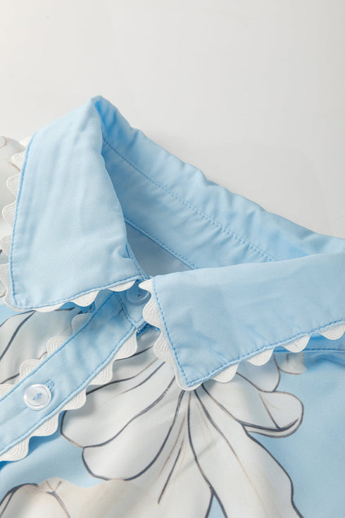Floral Scalloped Trim Short Sleeve Button Down Shirt