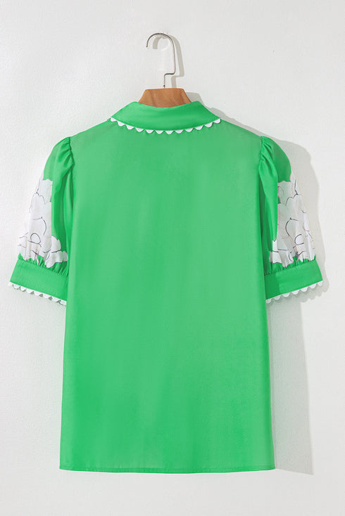 Floral Scalloped Trim Short Sleeve Button Down Shirt