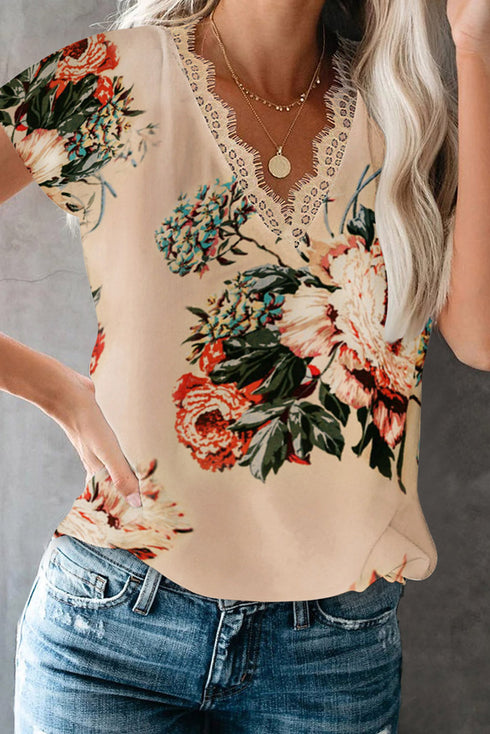 Floral Scalloped V Neck Short Sleeves Top