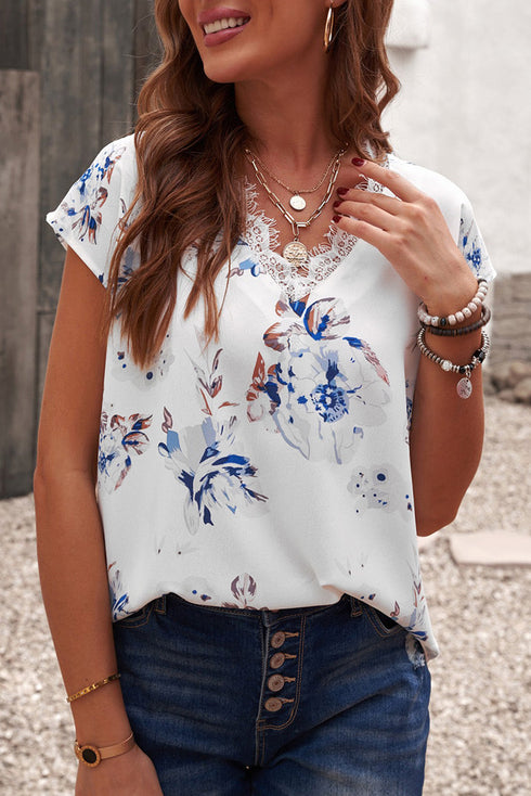 Floral Scalloped V Neck Short Sleeves Top