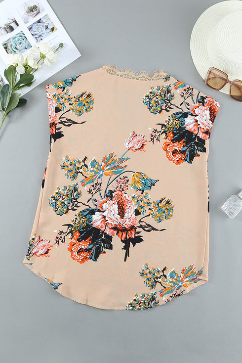 Floral Scalloped V Neck Short Sleeves Top