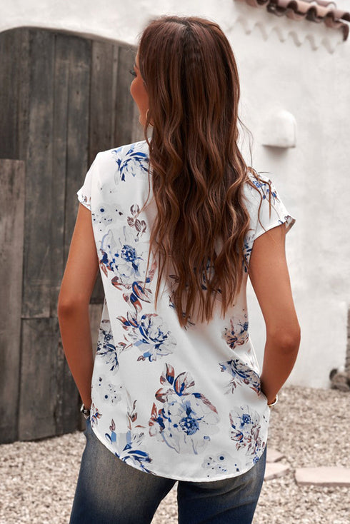 Floral Scalloped V Neck Short Sleeves Top