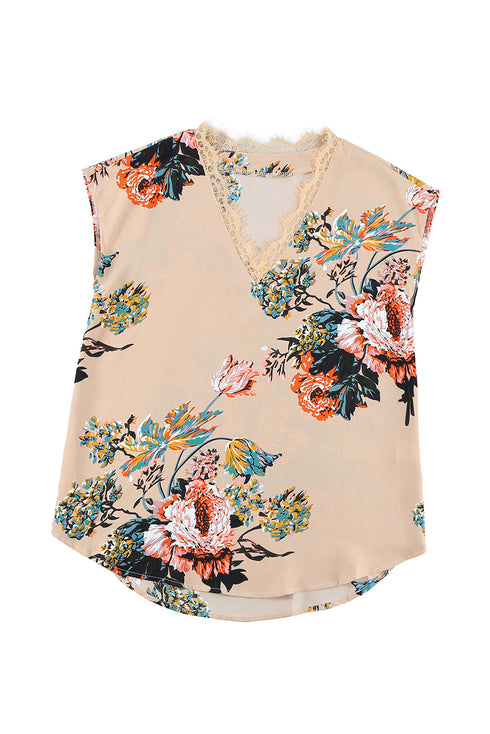 Floral Scalloped V Neck Short Sleeves Top