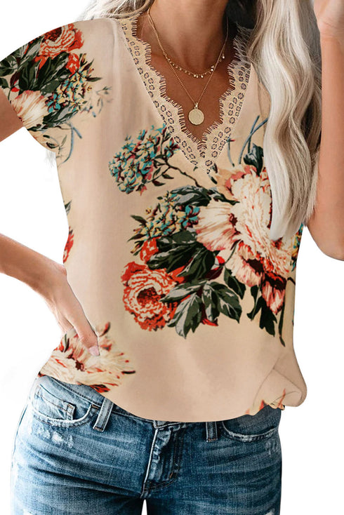 Floral Scalloped V Neck Short Sleeves Top