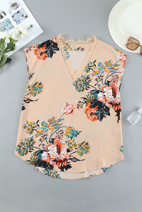 Floral Scalloped V Neck Short Sleeves Top