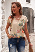 Floral Scalloped V Neck Short Sleeves Top
