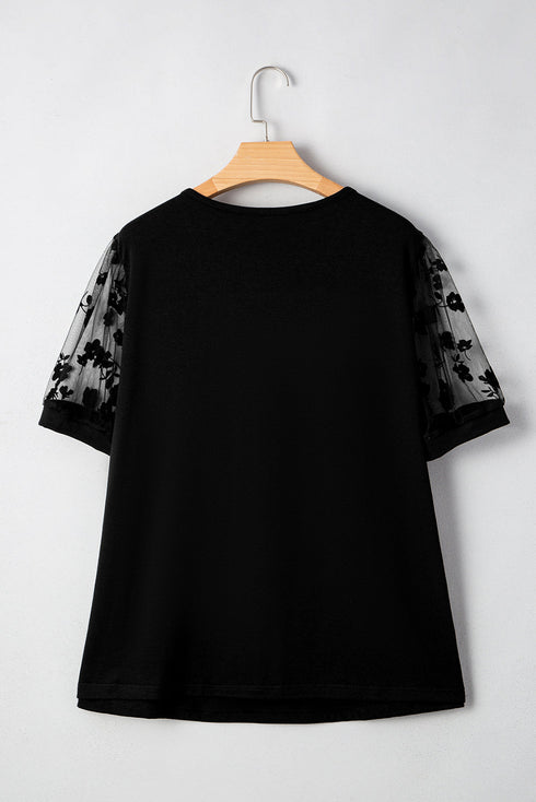 Floral Sheer Mesh Patchwork Relaxed V Neck Top