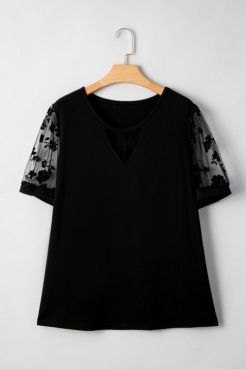 Floral Sheer Mesh Patchwork Relaxed V Neck Top
