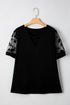 Floral Sheer Mesh Patchwork Relaxed V Neck Top