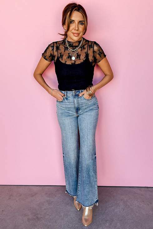 Floral Sheer Mesh Short Sleeve Mock Neck Blouse