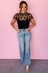 Floral Sheer Mesh Short Sleeve Mock Neck Blouse