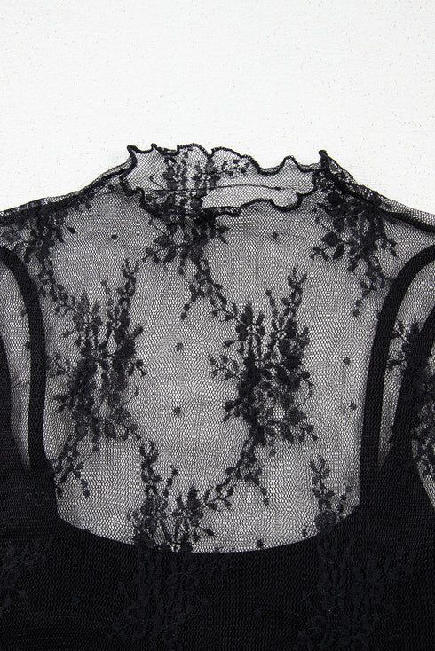 Floral Sheer Mesh Short Sleeve Mock Neck Blouse