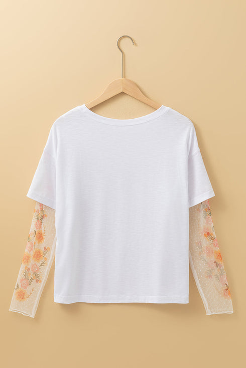 Floral Sheer Sleeve Mixed Media Round Neck Top