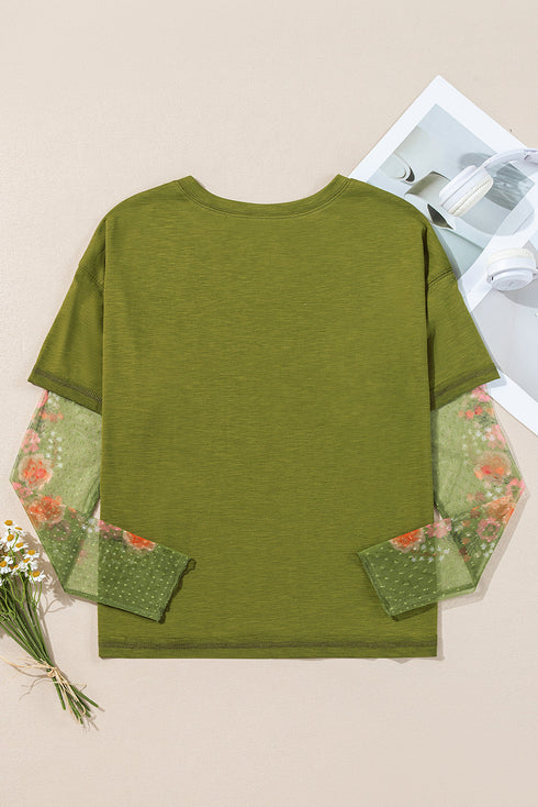 Floral Sheer Sleeve Mixed Media Round Neck Top