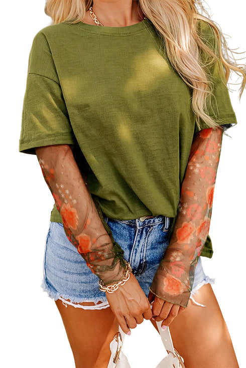 Floral Sheer Sleeve Mixed Media Round Neck Top