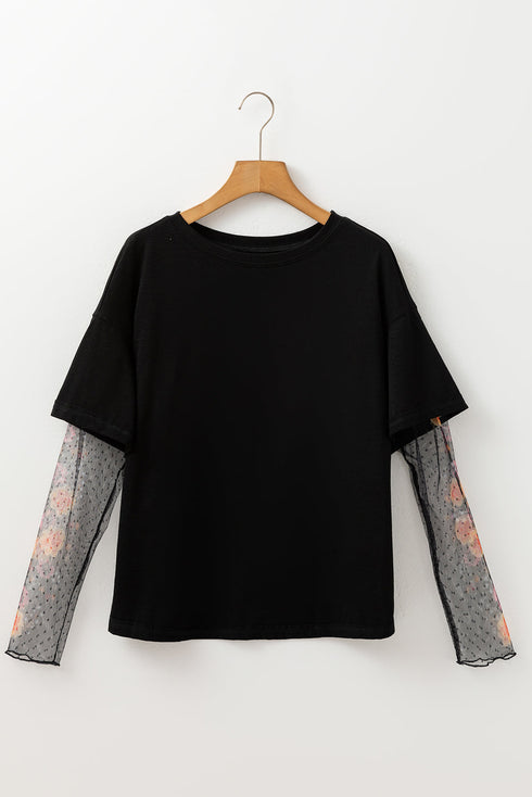 Floral Sheer Sleeve Mixed Media Round Neck Top