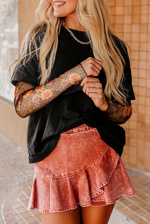 Floral Sheer Sleeve Mixed Media Round Neck Top