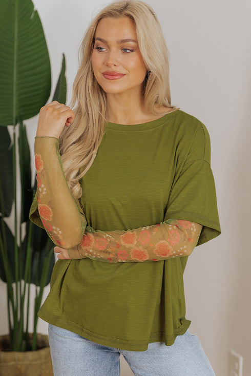 Floral Sheer Sleeve Mixed Media Round Neck Top