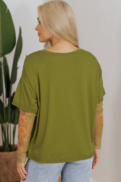 Floral Sheer Sleeve Mixed Media Round Neck Top