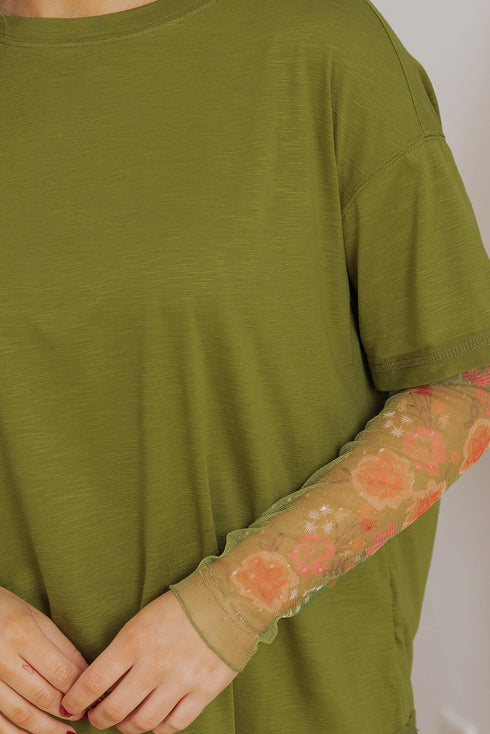 Floral Sheer Sleeve Mixed Media Round Neck Top