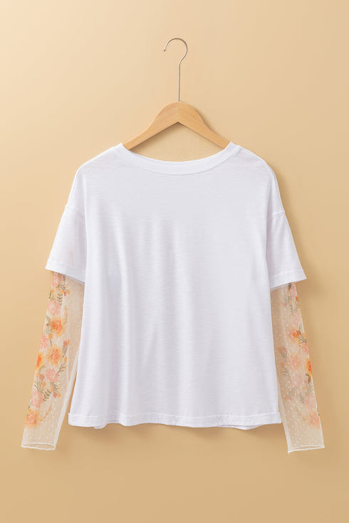 Floral Sheer Sleeve Mixed Media Round Neck Top
