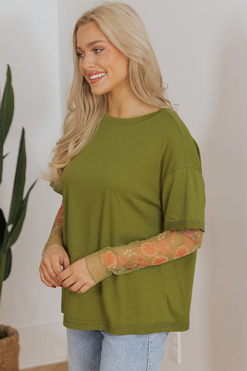 Floral Sheer Sleeve Mixed Media Round Neck Top