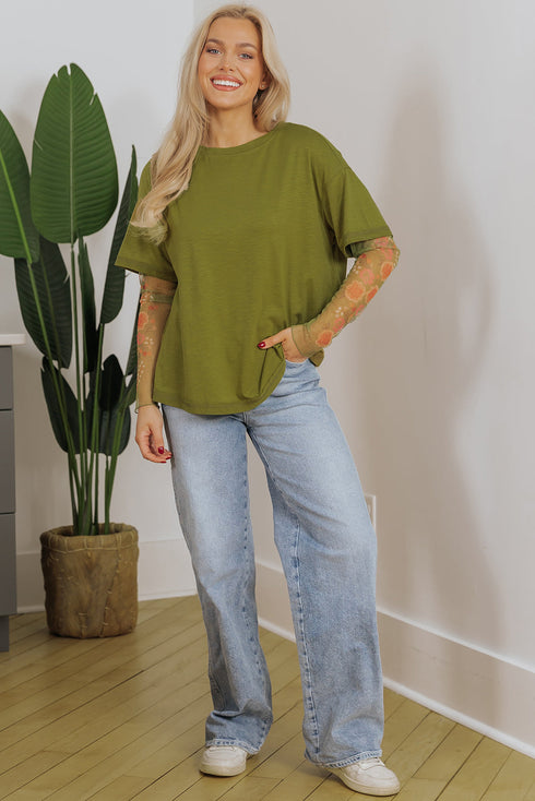 Floral Sheer Sleeve Mixed Media Round Neck Top