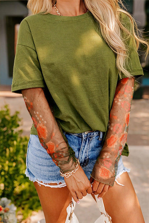 Floral Sheer Sleeve Mixed Media Round Neck Top