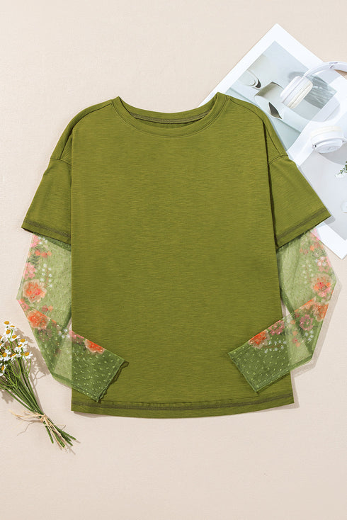 Floral Sheer Sleeve Mixed Media Round Neck Top